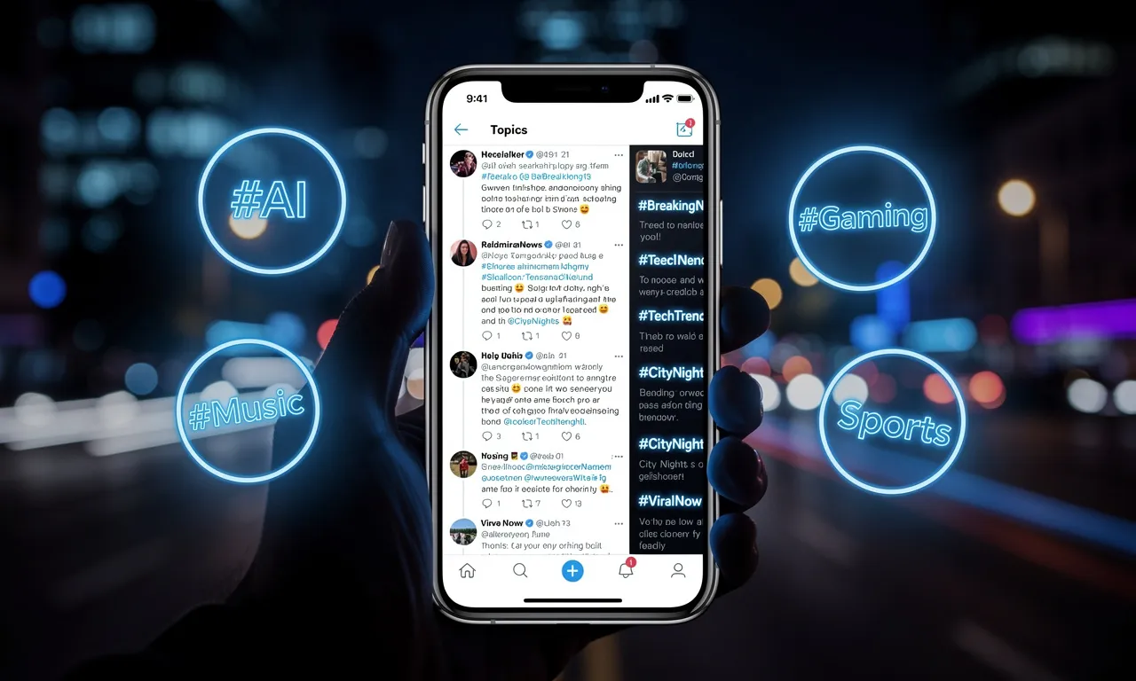 Un smartphone affiche un fil Twitter animé avec des hashtags et des nuages de sujets lumineux sur un fond urbain sombre et nocturne.