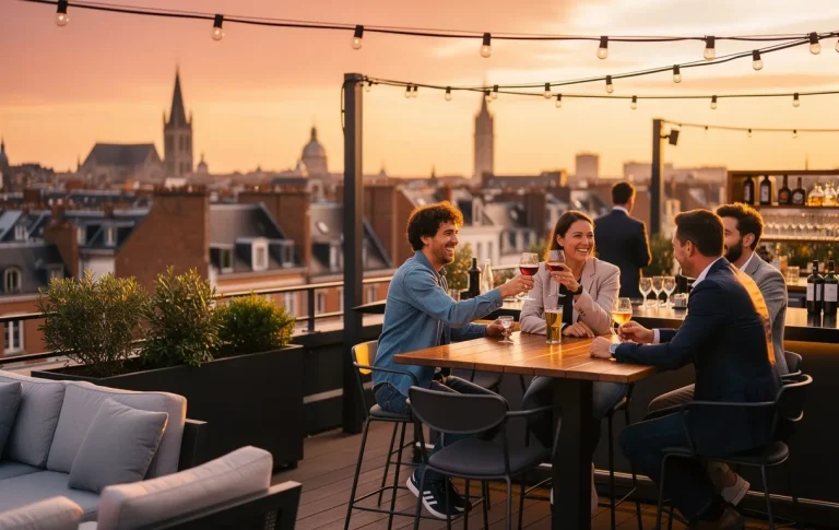 Scène d’afterwork sur un rooftop à Lille au coucher du soleil, avec quelques personnes prenant un verre sous des guirlandes lumineuses et vue panoramique sur la ville.