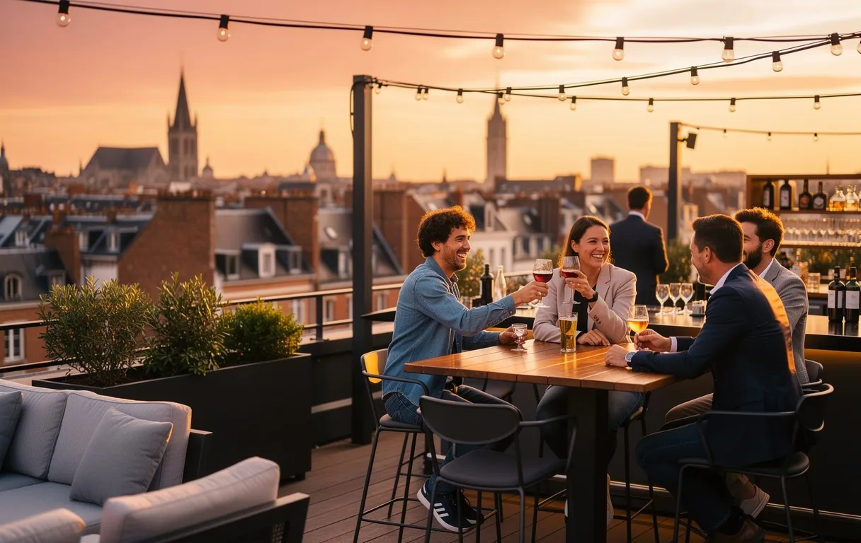 Scène d’afterwork sur un rooftop à Lille au coucher du soleil, avec quelques personnes prenant un verre sous des guirlandes lumineuses et vue panoramique sur la ville.