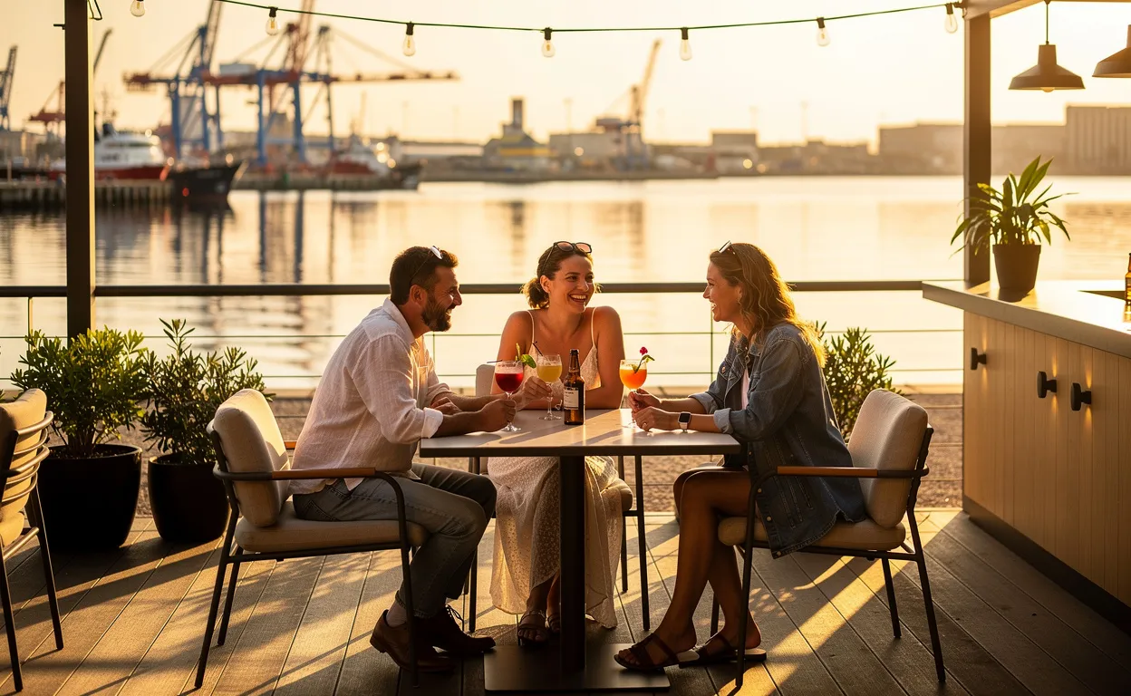 Un groupe d’amis partage des boissons sur la terrasse d’un bar en bord de mer à Saint-Nazaire, au crépuscule, avec vue sur le port.