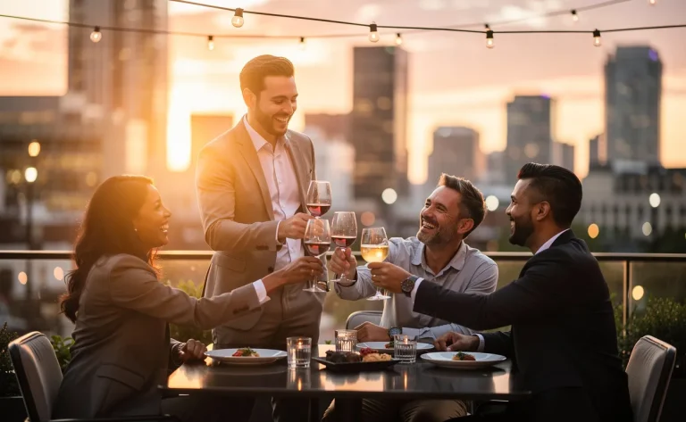 Des collègues rient et trinquent autour d’une table sur un toit au coucher du soleil, avec la ville illuminée en arrière-plan.