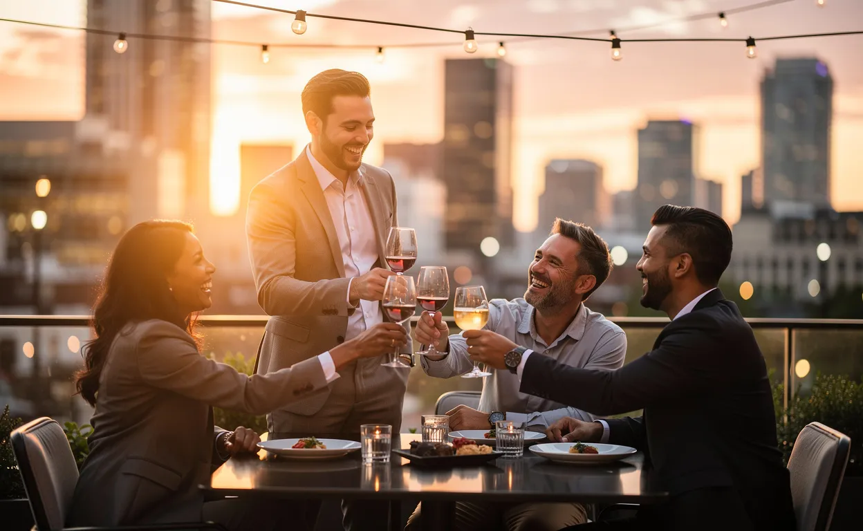 Des collègues rient et trinquent autour d’une table sur un toit au coucher du soleil, avec la ville illuminée en arrière-plan.