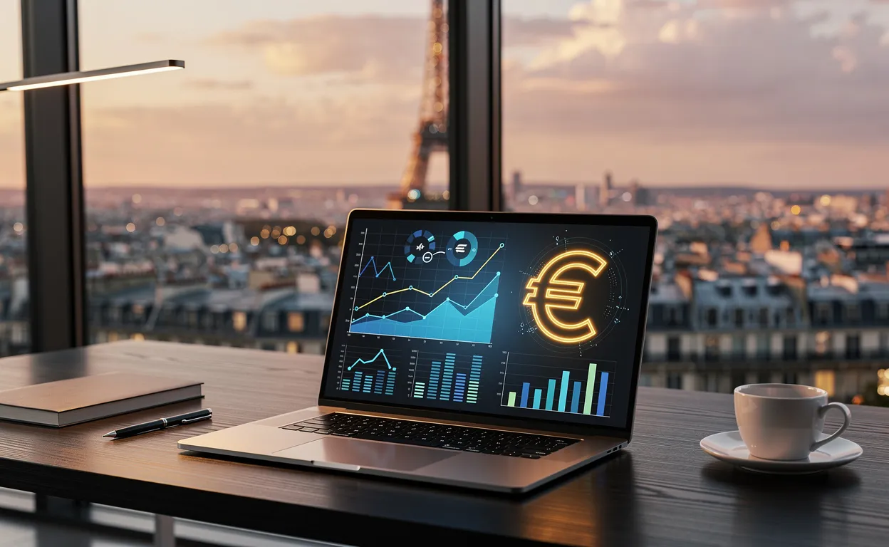 Un ordinateur portable moderne affiche des graphiques de données et des symboles euro sur un bureau, avec une vue sur Paris au coucher du soleil.