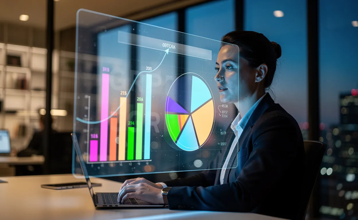 Un analyste d'affaires observe un graphique à barres lumineux et un camembert projetés sur un écran transparent dans un bureau moderne au crépuscule, avec des chiffres et les lettres GRP en arrière-plan.