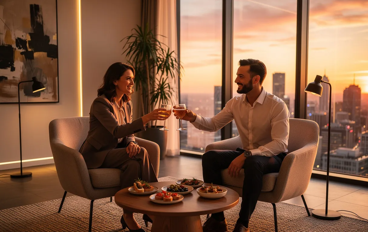 Deux collègues trinquent autour d'une table avec des amuse-bouches dans un salon de bureau moderne éclairé par la lumière du coucher de soleil.