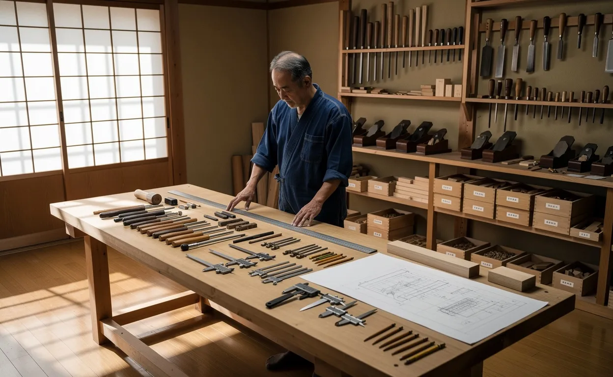 Un artisan japonais organise ses outils et des schémas sur un établi propre dans un atelier baigné de lumière naturelle.