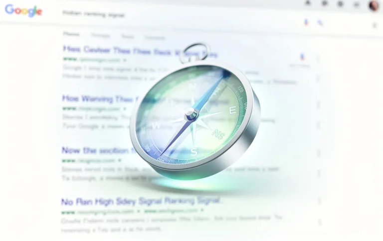 Un compas numérique réaliste lumineux apparaît derrière une page semi-transparente de résultats Google, dans des tons bleus et verts.