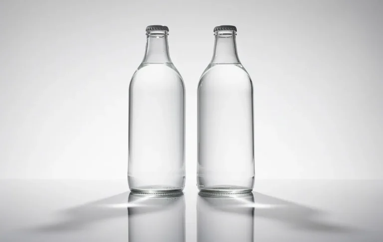 Deux bouteilles en verre identiques remplies d’eau sont posées sur une surface réfléchissante avec leurs ombres convergeant au centre dans un décor minimaliste.