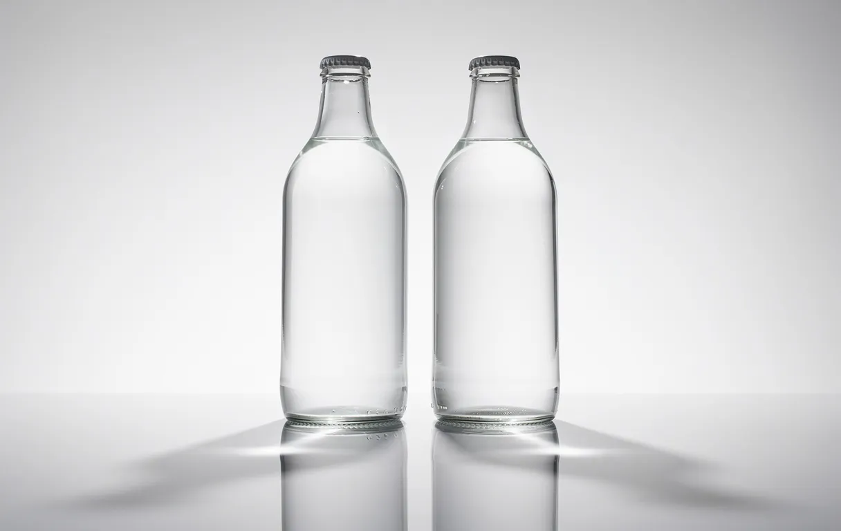 Deux bouteilles en verre identiques remplies d’eau sont posées sur une surface réfléchissante avec leurs ombres convergeant au centre dans un décor minimaliste.