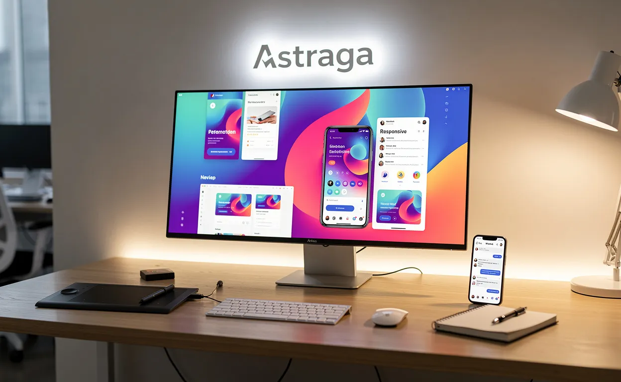 Poste de travail moderne avec un écran affichant des conceptions web colorées, des outils de communication créatifs et le logo lumineux Astraga, le tout sous un éclairage d’ambiance doux.