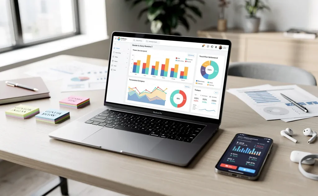 Bureau moderne avec un ordinateur portable affichant des analyses marketing colorées, un smartphone et divers outils de travail sous une lumière naturelle.