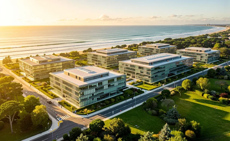 Vue aérienne d’un parc d’affaires moderne à Saint-Nazaire avec des immeubles de bureaux entourés de verdure et la côte atlantique éclairée par la lumière dorée.