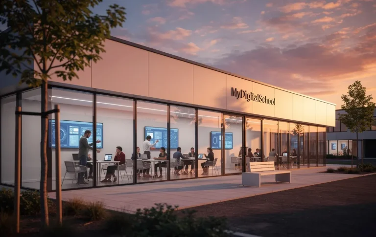 Façade moderne du campus MyDigitalSchool Rennes au coucher du soleil, étudiants visibles à travers de grandes baies vitrées collaborant autour d’ordinateurs portables.