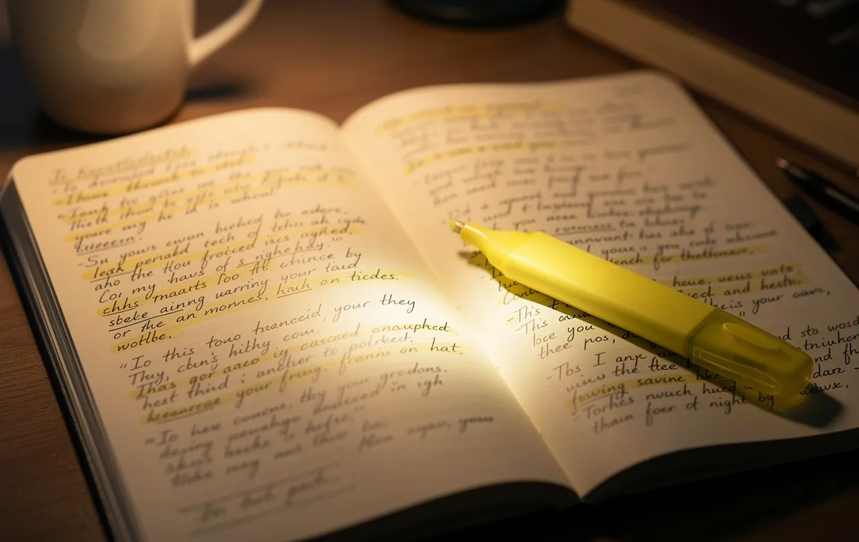 Un carnet ouvert rempli de citations manuscrites et de commentaires, avec un surligneur posé sur la page sous une lumière chaude.