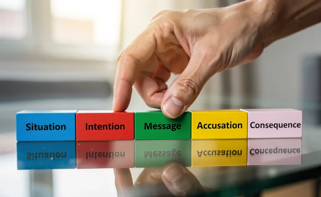 Une main dispose cinq blocs colorés nommés Situation, Intention, Message, Accusation et Conséquence en ligne sur une table en verre reflétant la lumière du matin.