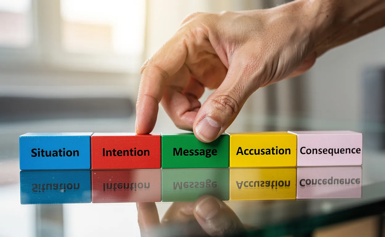 Une main dispose cinq blocs colorés nommés Situation, Intention, Message, Accusation et Conséquence en ligne sur une table en verre reflétant la lumière du matin.