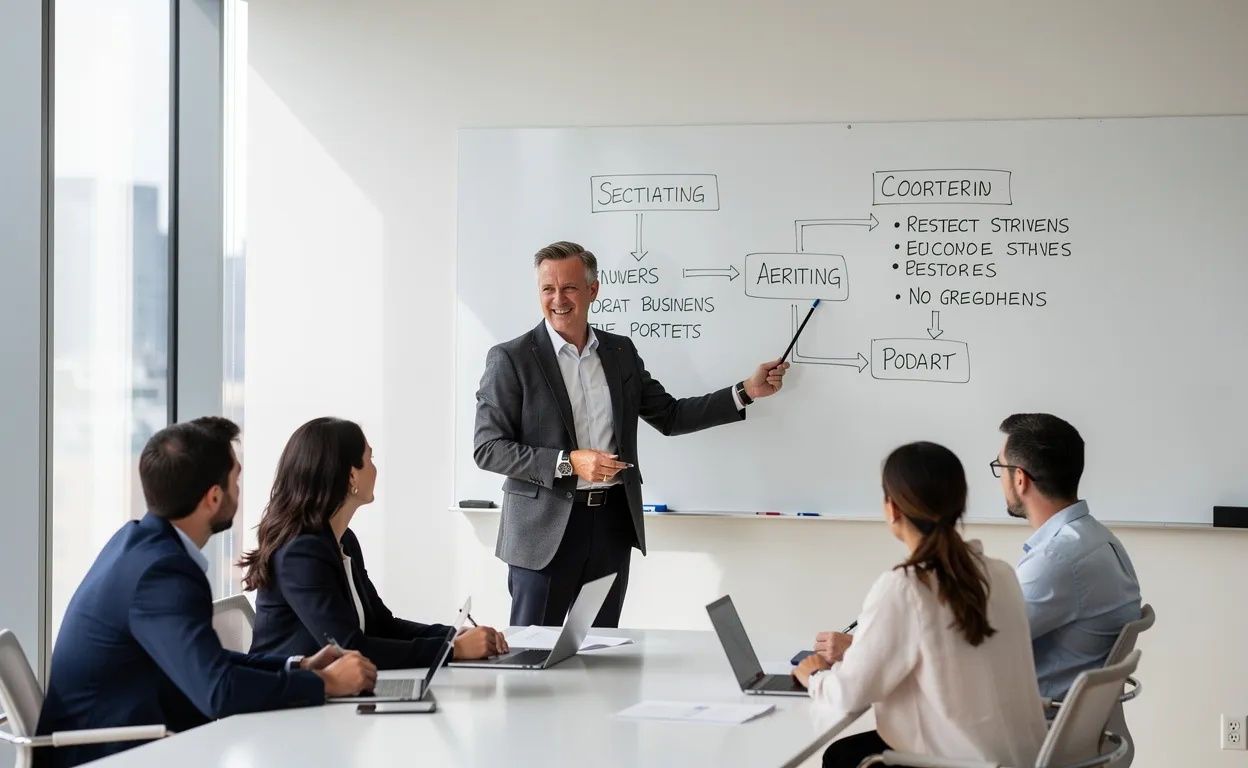 Un coach professionnel présente des informations structurées à un petit groupe attentif dans une salle de réunion moderne et lumineuse.