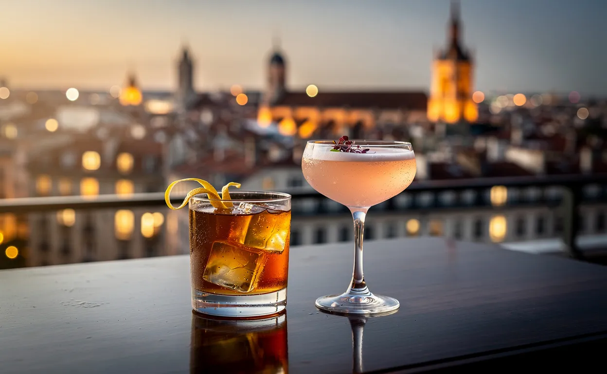 Deux cocktails élégants posés sur une table de bar avec vue sur la ville de Lyon au crépuscule et une lumière dorée chaleureuse.