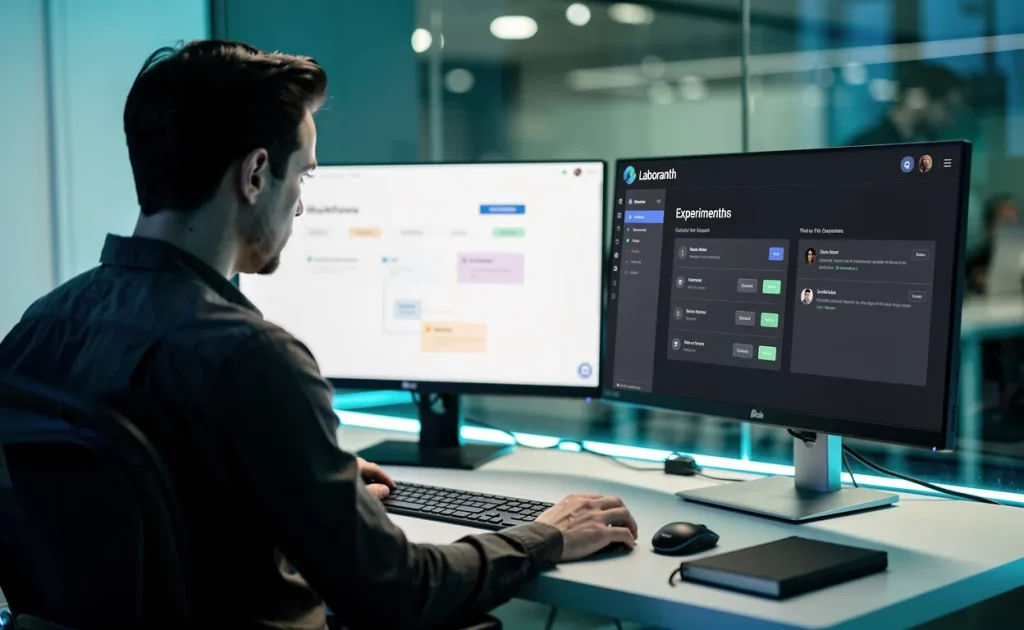 Une personne assise à un bureau moderne analyse deux interfaces différentes sur deux écrans d’ordinateur, dans une ambiance lumineuse et épurée.