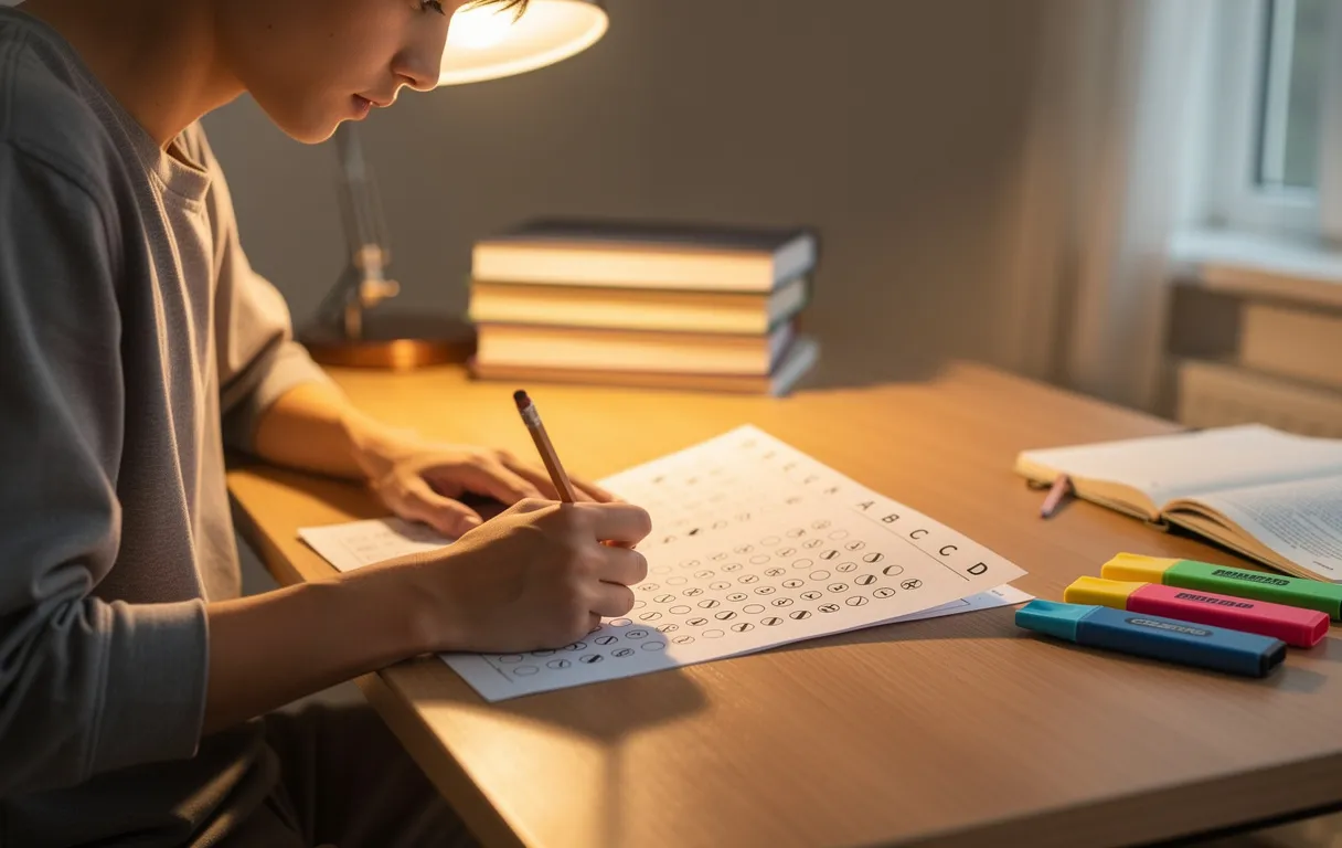 Une personne concentrée répond à une feuille de test à choix multiples sur un bureau ordonné éclairé par une lampe.