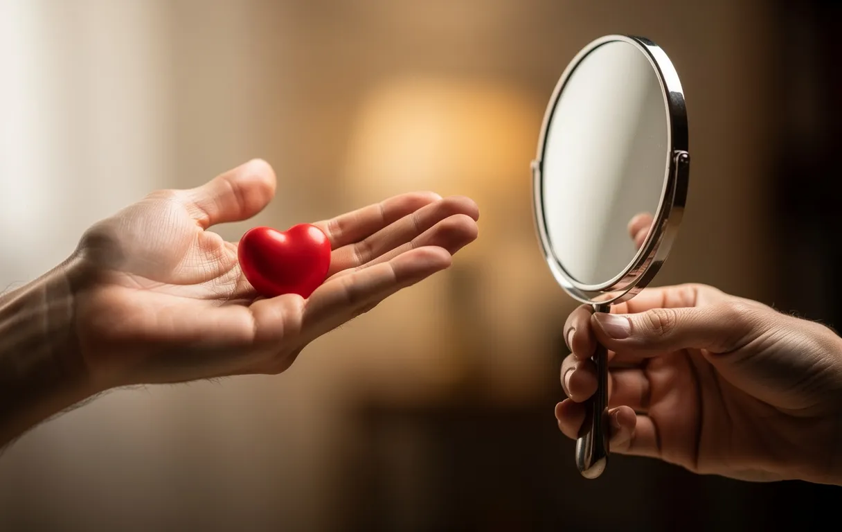 Deux mains tendent chacune un présent en sens opposé, l’une un cœur, l’autre un miroir, sur un fond flou et lumineux.