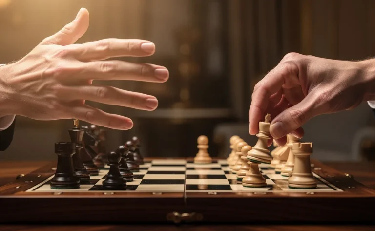 Deux mains déplacent des pièces d'échecs sur un échiquier, l'une avec persuasion, l'autre avec assurance, sous une lumière élégante.