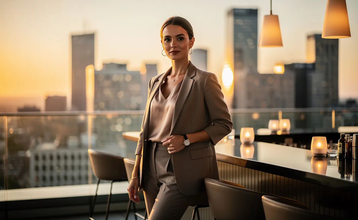 Une femme élégante en tenue décontractée-chic se tient debout sur un rooftop au coucher du soleil, avec des lumières de la ville en arrière-plan.