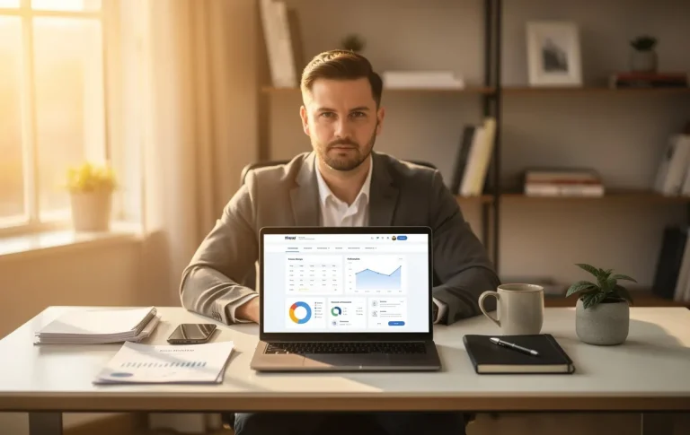 Un entrepreneur concentré travaille à un bureau moderne avec des outils professionnels rangés et un ordinateur portable allumé dans une lumière matinale douce.