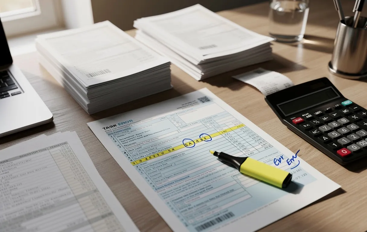 Un bureau d’expert-comptable bien rangé montre des documents financiers, dont un formulaire fiscal avec une erreur mise en évidence, éclairé par la lumière du matin.