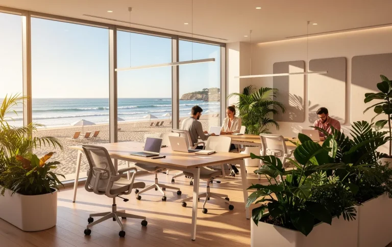 Un espace de coworking moderne avec de grandes fenêtres donnant sur la plage et l’océan à La Baule, éclairé par le soleil et agrémenté de plantes vertes.