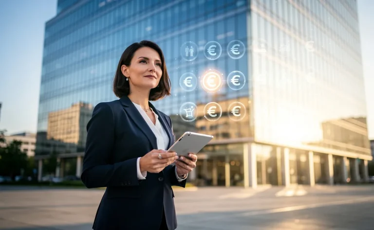 Une femme d’affaires tient une tablette devant un immeuble moderne en verre avec des icônes financières et des symboles euro flottants dans la lumière du matin.