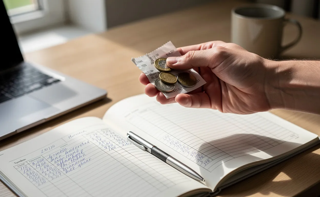 Une main tient un reçu et quelques pièces au-dessus d’un registre comptable ouvert sur un bureau ordonné, éclairé par une lumière naturelle douce.