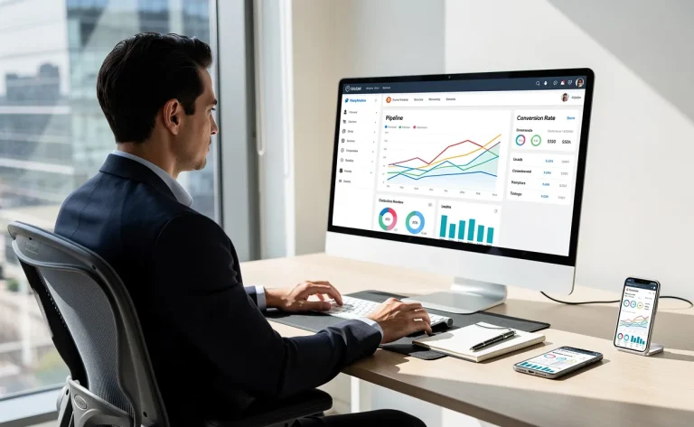 Un professionnel d’affaires assis à un bureau moderne consulte des graphiques et tableaux de gestion sur un ordinateur, avec une vue sur la ville à travers une grande fenêtre.