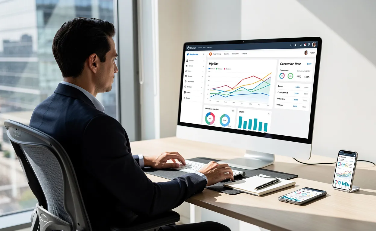 Un professionnel d’affaires assis à un bureau moderne consulte des graphiques et tableaux de gestion sur un ordinateur, avec une vue sur la ville à travers une grande fenêtre.