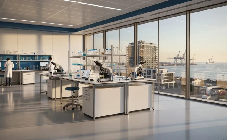 Un laboratoire moderne aux accents bleus et larges baies vitrées, installé en bord de mer dans une ville rappelant Saint-Nazaire sous une lumière douce de fin d'après-midi.