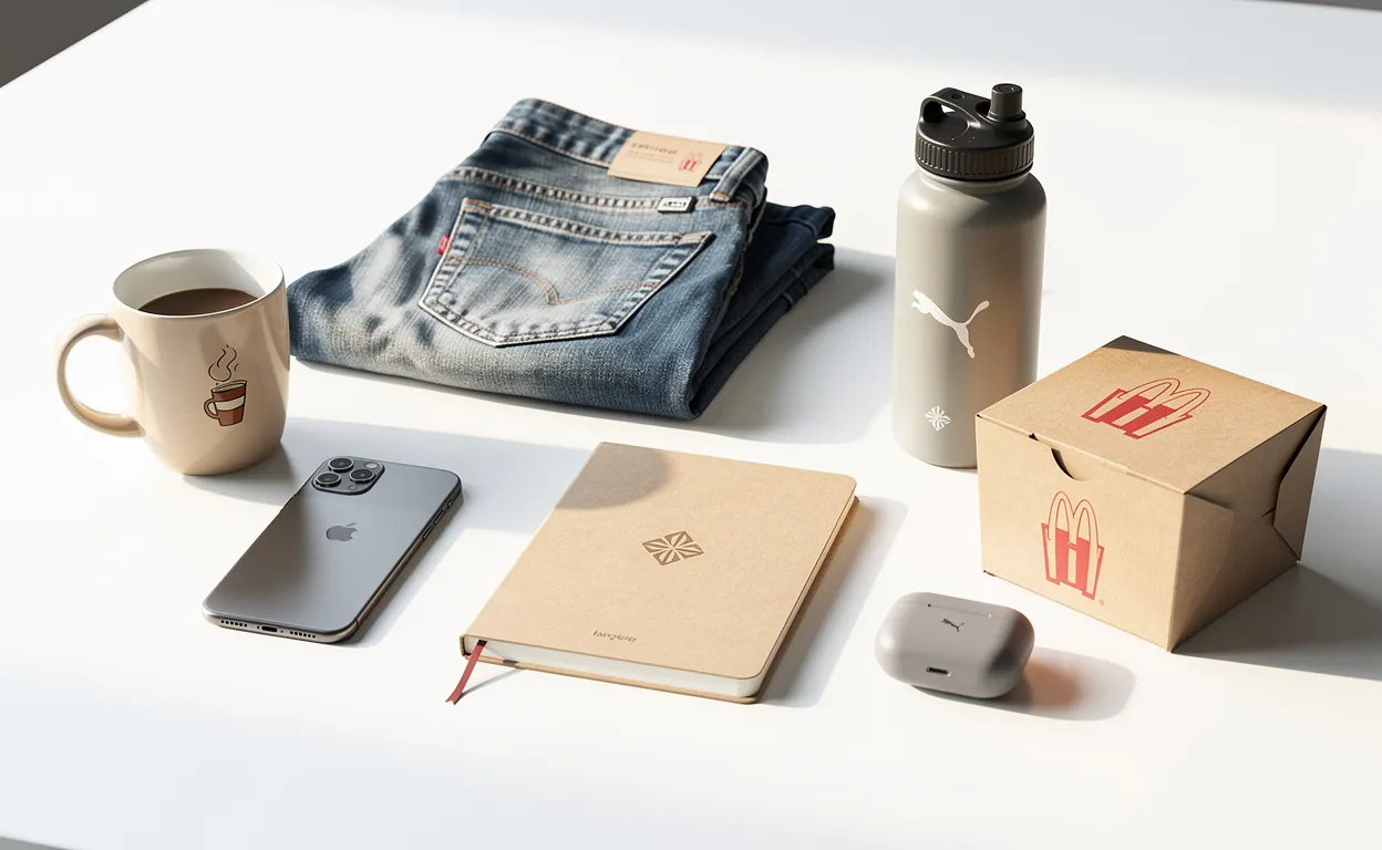 Sept objets du quotidien posés sur une table blanche sont ornés discrètement de logos célèbres sous une lumière matinale.