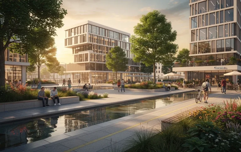 Le quartier Carene à Saint-Nazaire est animé, avec des bâtiments modernes entourés de verdure et d’étendues d’eau sous une lumière dorée de fin de journée.