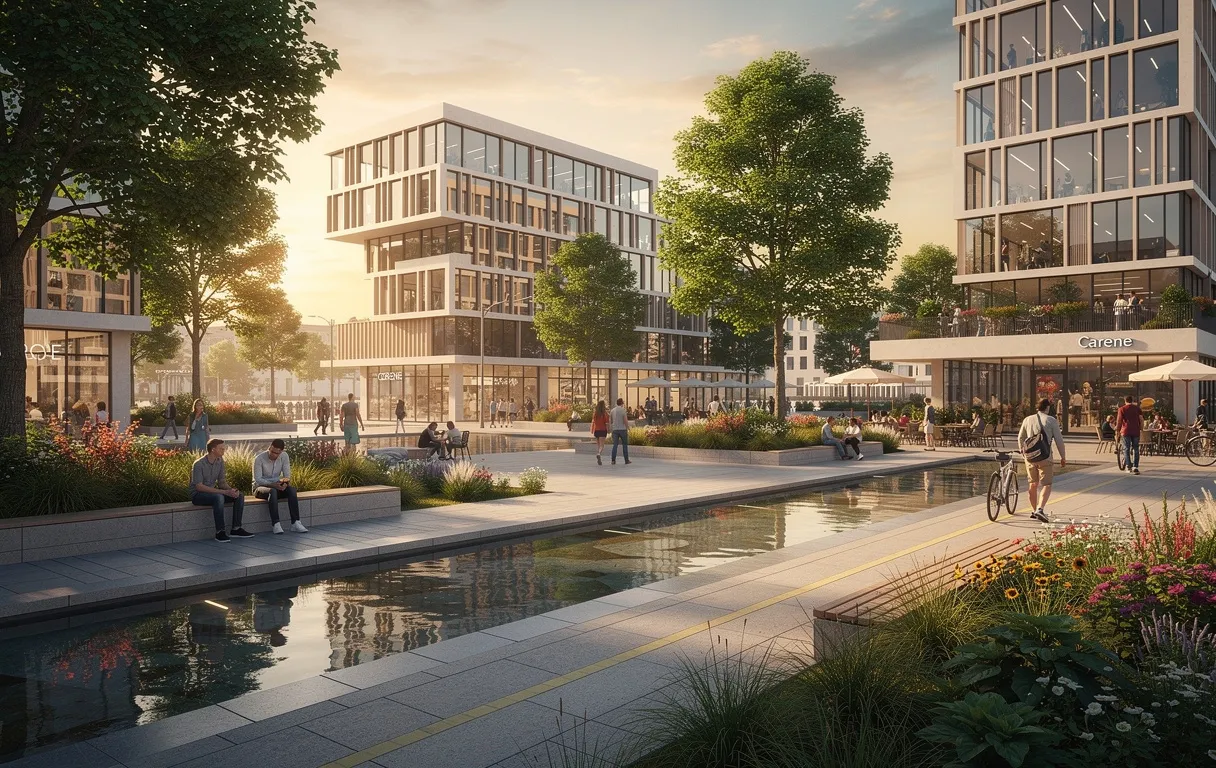 Le quartier Carene à Saint-Nazaire est animé, avec des bâtiments modernes entourés de verdure et d’étendues d’eau sous une lumière dorée de fin de journée.