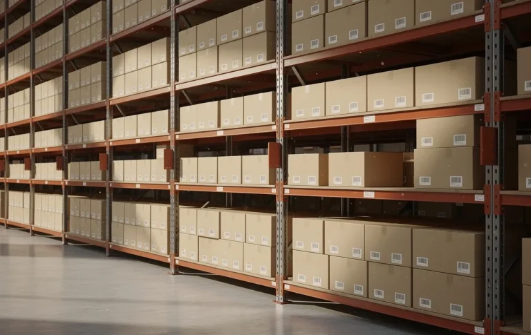 Des cartons empilés sont rangés sur des étagères métalliques dans un entrepôt ordonné, avec une étagère contenant peu de boîtes pour illustrer un seuil minimal de stock.