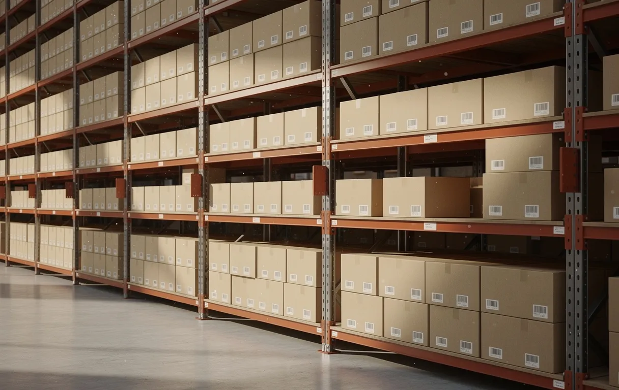 Des cartons empilés sont rangés sur des étagères métalliques dans un entrepôt ordonné, avec une étagère contenant peu de boîtes pour illustrer un seuil minimal de stock.