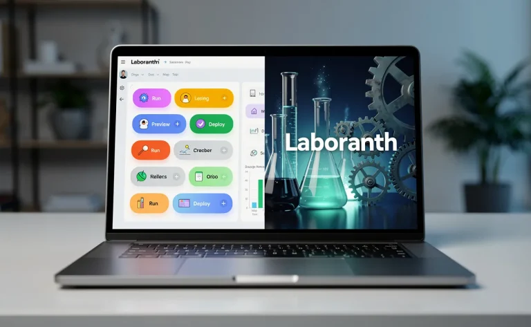 Ordinateur portable partagé entre une interface no-code colorée et le logo Laboranth sur fond de motifs scientifiques, dans un espace de travail moderne à éclairage bleuté.