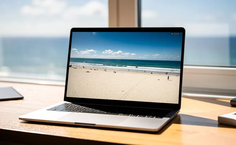 Un ordinateur portable sur un bureau ensoleillé montre une webcam de plage en direct avec vue sur l'océan par la fenêtre.