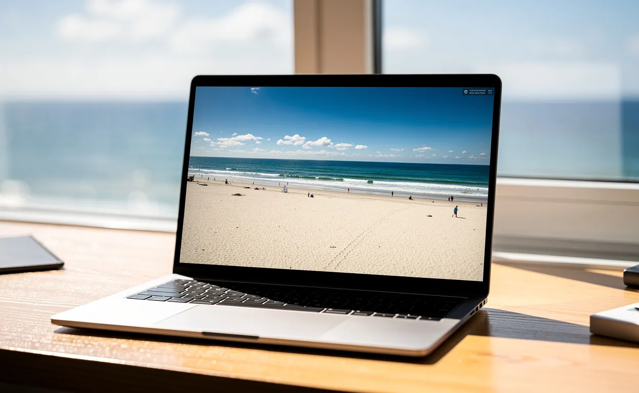 Un ordinateur portable sur un bureau ensoleillé montre une webcam de plage en direct avec vue sur l'océan par la fenêtre.
