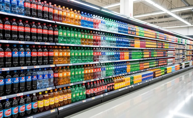 Des bouteilles de sodas de différentes marques sont alignées sur des étagères de supermarché sous des lumières fluorescentes.