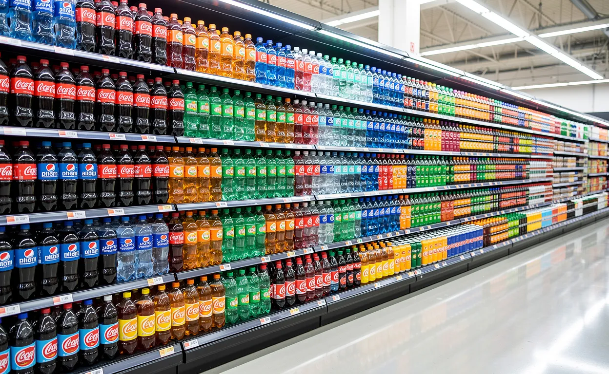 Des bouteilles de sodas de différentes marques sont alignées sur des étagères de supermarché sous des lumières fluorescentes.