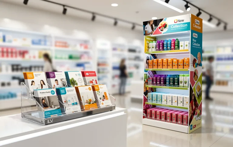 Un présentoir de comptoir avec des brochures et un présentoir au sol garni de produits de marque sont exposés dans un magasin lumineux aux couleurs vives.