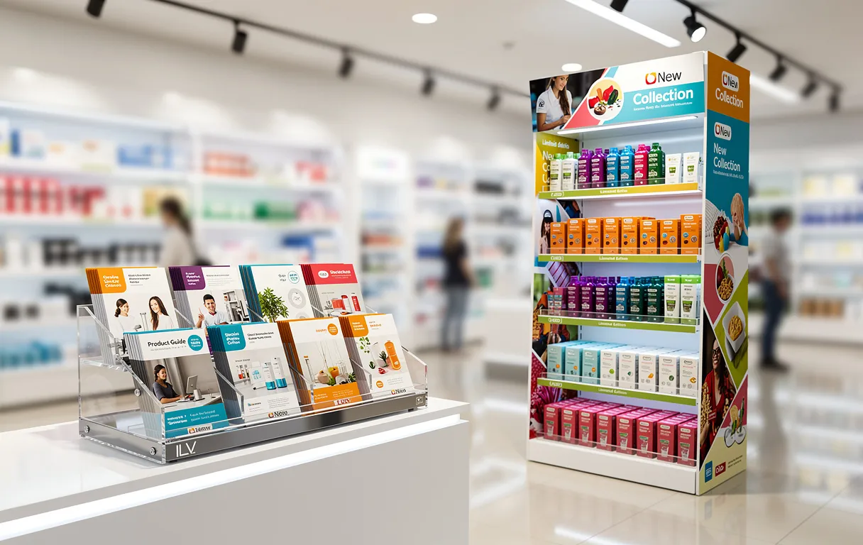 Un présentoir de comptoir avec des brochures et un présentoir au sol garni de produits de marque sont exposés dans un magasin lumineux aux couleurs vives.