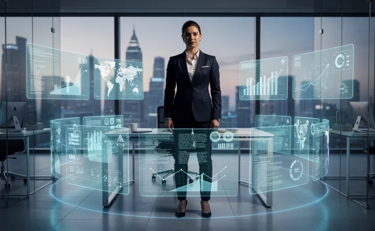 Un professionnel d’affaires se tient debout au centre d’un espace de travail numérique moderne entouré d’interfaces holographiques et d’une lumière bleutée.