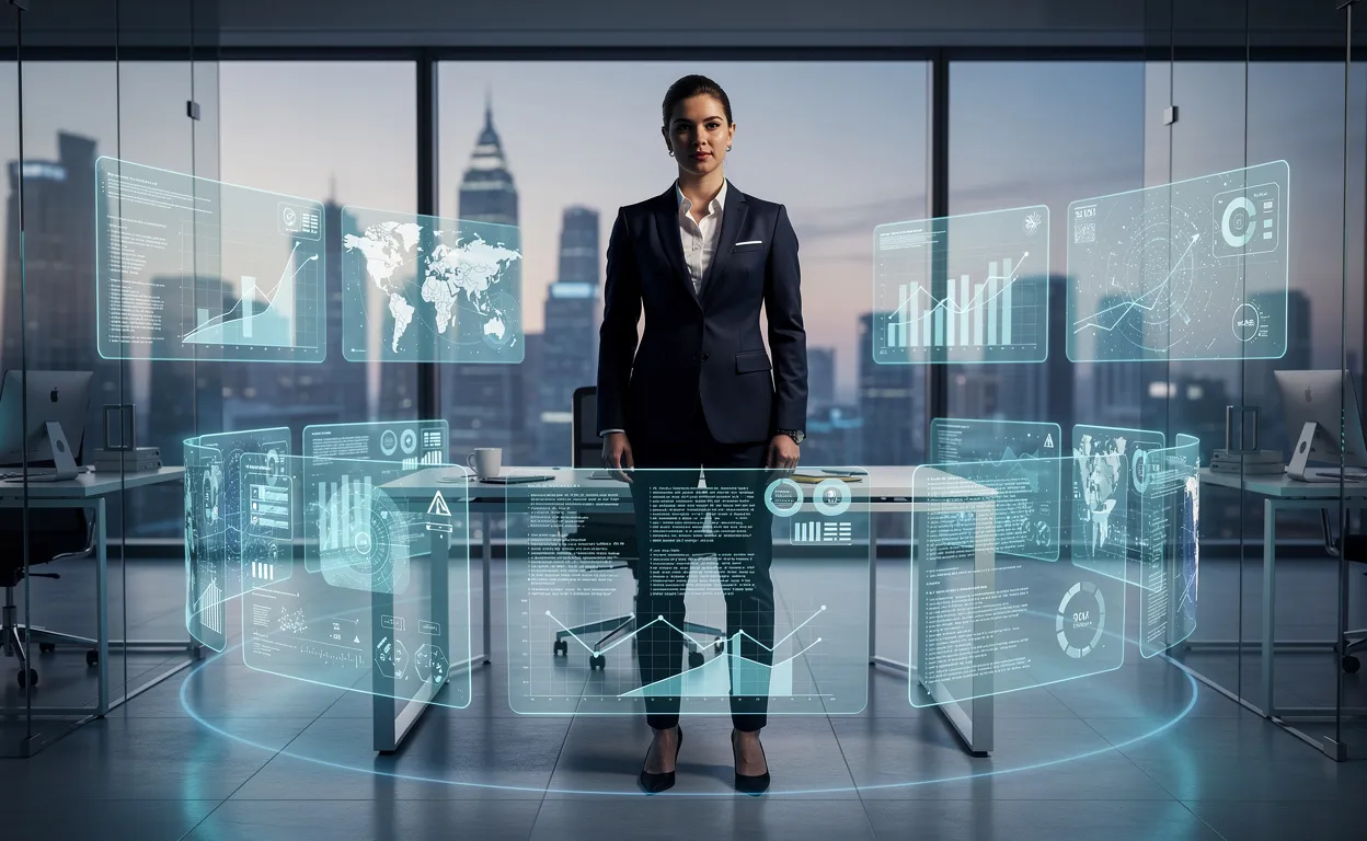 Un professionnel d’affaires se tient debout au centre d’un espace de travail numérique moderne entouré d’interfaces holographiques et d’une lumière bleutée.