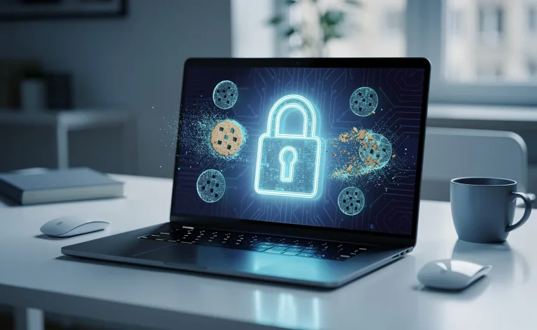 Un cadenas numérique lumineux s’affiche sur l’écran d’un ordinateur portable, entouré d’icônes de cookies qui disparaissent, dans un bureau moderne aux tons bleutés.